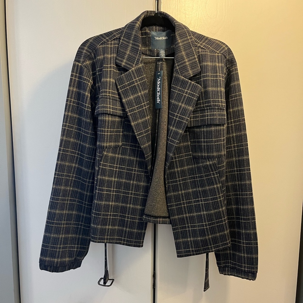 NWT ModCloth Plaid Belted Blazer with Brown & Gold Accents, Size Large